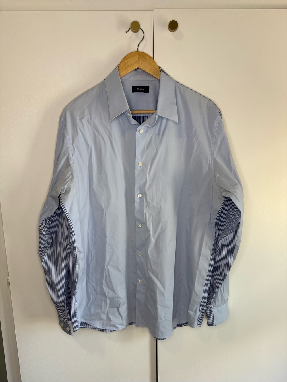 Theory Light Blue Button-Front Dress Shirt with Striped Accents